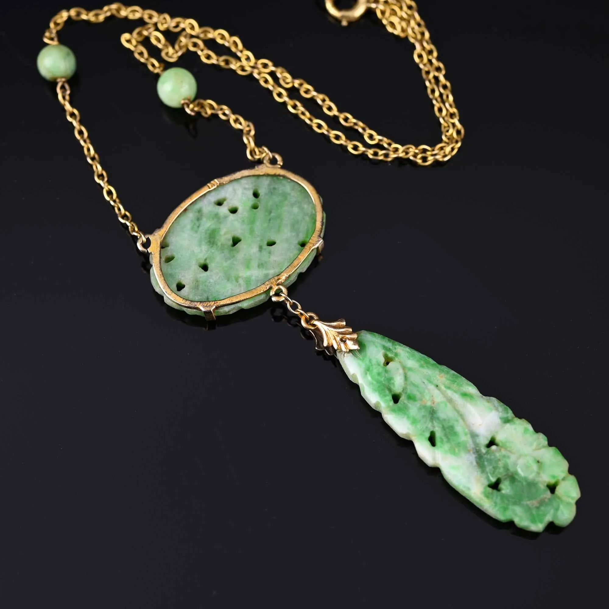 Walter Lampl 10K Gold Art Deco Carved Jade Necklace