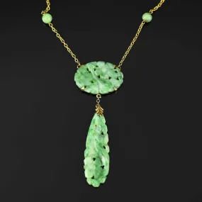 Walter Lampl 10K Gold Art Deco Carved Jade Necklace