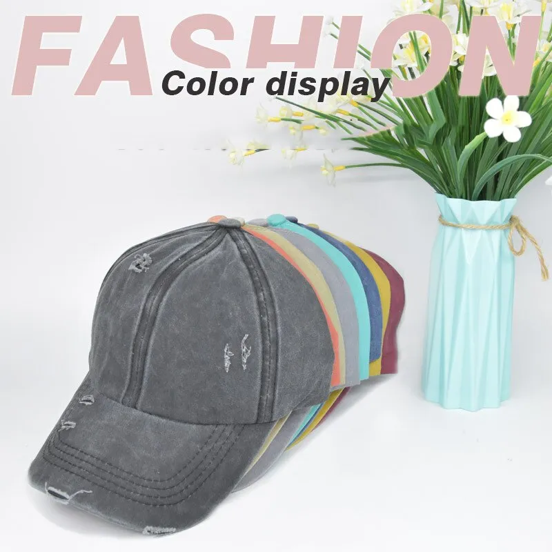 Washed Hole Baseball Cap Spring Solid Sunhat Men Women Summer Cotton Snapback Caps Hip Hop Fishing Hat Retro Ponytail Visor