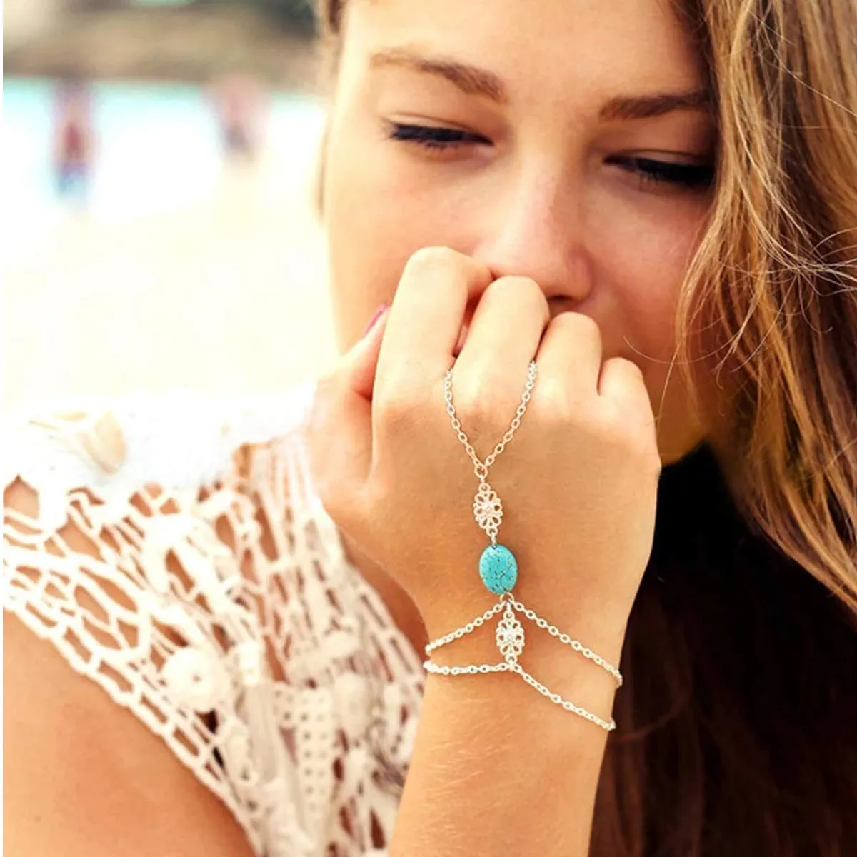 Yellow Chimes Elegant Turquoise Blue Oval Stone Boho Ring Bracelet Vintage Style Slave Chain Hand Harness Bracelet for Women and Girls