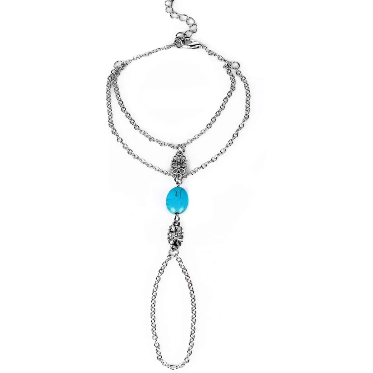 Yellow Chimes Elegant Turquoise Blue Oval Stone Boho Ring Bracelet Vintage Style Slave Chain Hand Harness Bracelet for Women and Girls