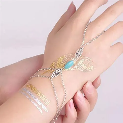 Yellow Chimes Elegant Turquoise Blue Oval Stone Boho Ring Bracelet Vintage Style Slave Chain Hand Harness Bracelet for Women and Girls