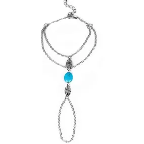 Yellow Chimes Elegant Turquoise Blue Oval Stone Boho Ring Bracelet Vintage Style Slave Chain Hand Harness Bracelet for Women and Girls