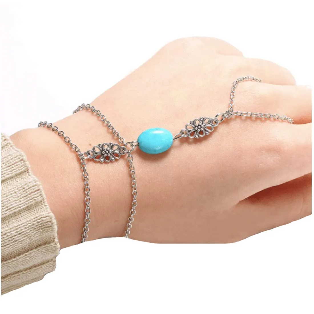 Yellow Chimes Elegant Turquoise Blue Oval Stone Boho Ring Bracelet Vintage Style Slave Chain Hand Harness Bracelet for Women and Girls