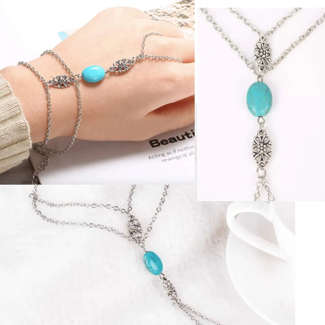 Yellow Chimes Elegant Turquoise Blue Oval Stone Boho Ring Bracelet Vintage Style Slave Chain Hand Harness Bracelet for Women and Girls