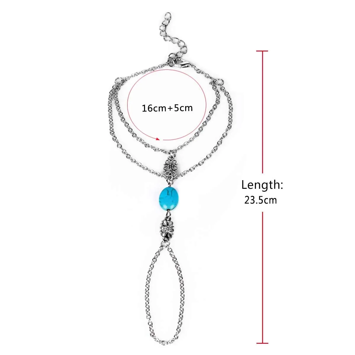 Yellow Chimes Elegant Turquoise Blue Oval Stone Boho Ring Bracelet Vintage Style Slave Chain Hand Harness Bracelet for Women and Girls