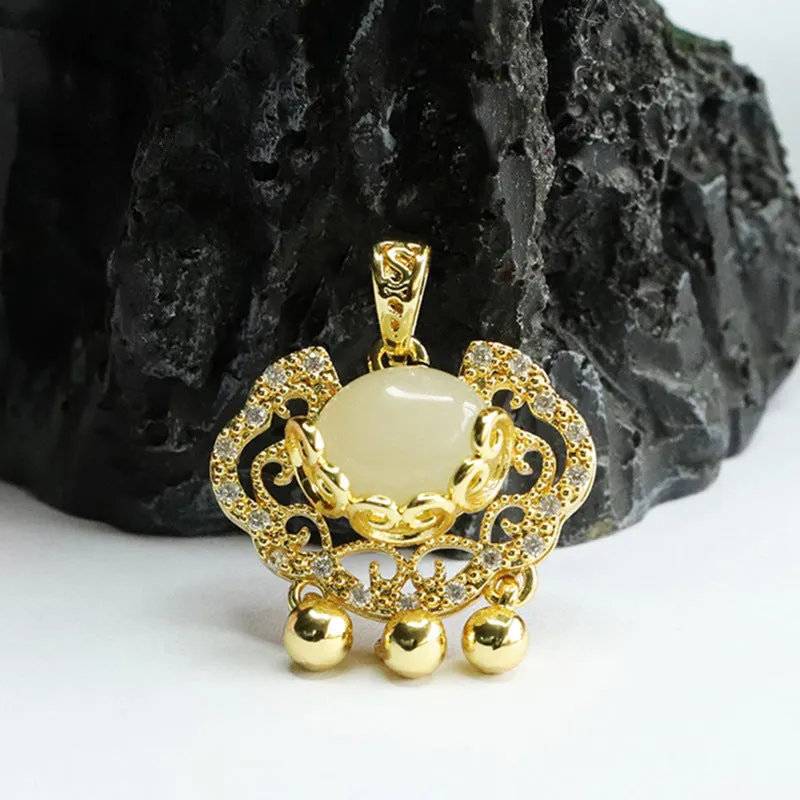 Zircon Ruyi Lock Pendant crafted from Hetian Jade and Sterling Silver