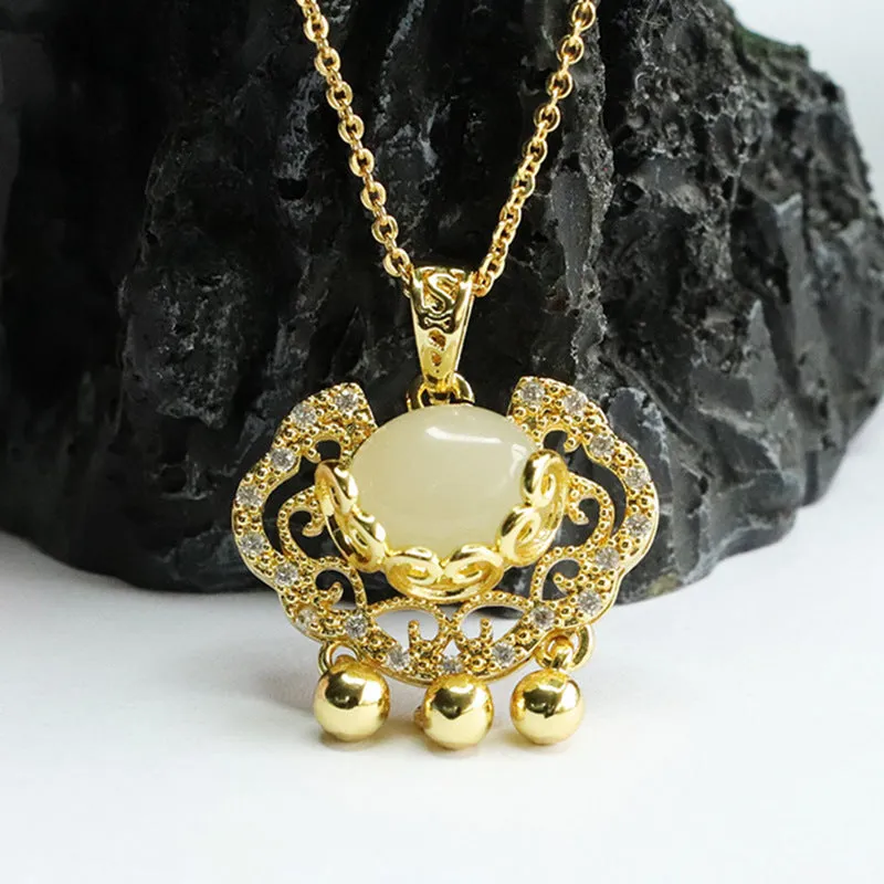 Zircon Ruyi Lock Pendant crafted from Hetian Jade and Sterling Silver