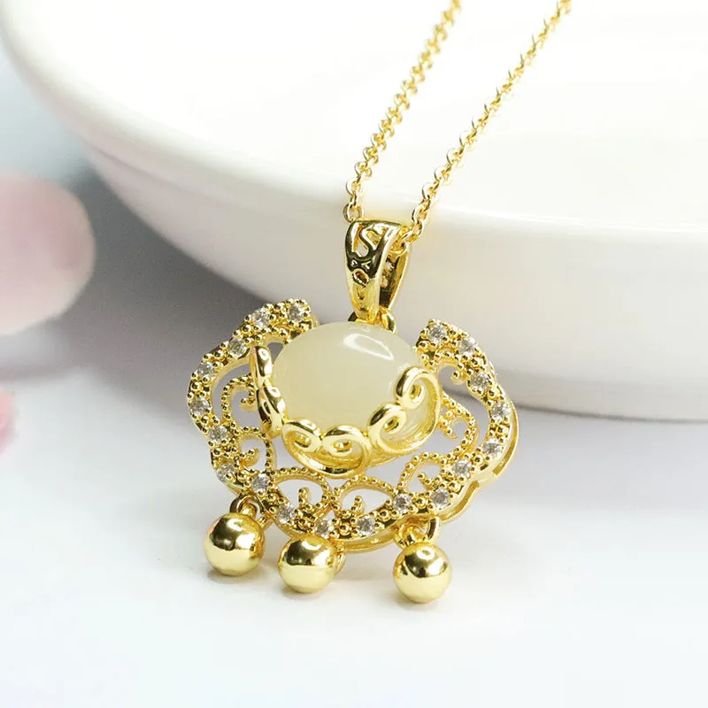Zircon Ruyi Lock Pendant crafted from Hetian Jade and Sterling Silver