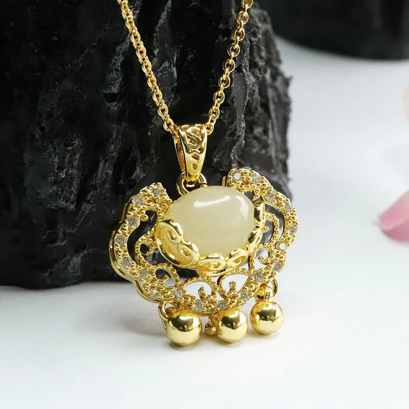 Zircon Ruyi Lock Pendant crafted from Hetian Jade and Sterling Silver