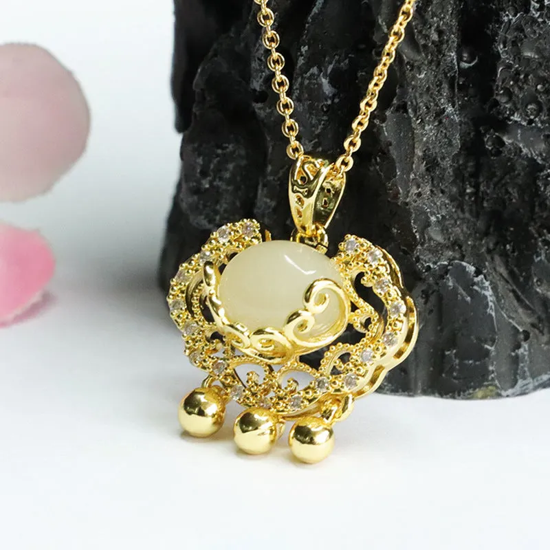 Zircon Ruyi Lock Pendant crafted from Hetian Jade and Sterling Silver
